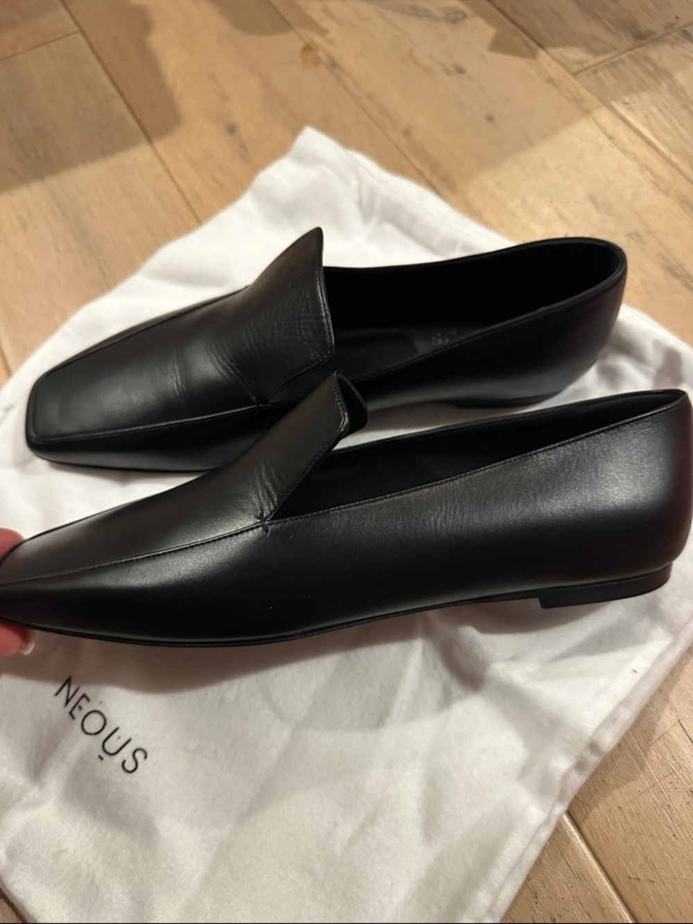 New! Neous Black Leather Square Toe Loafer Flats! Size 7 / 38 So lovely. - Picture 2 of 7